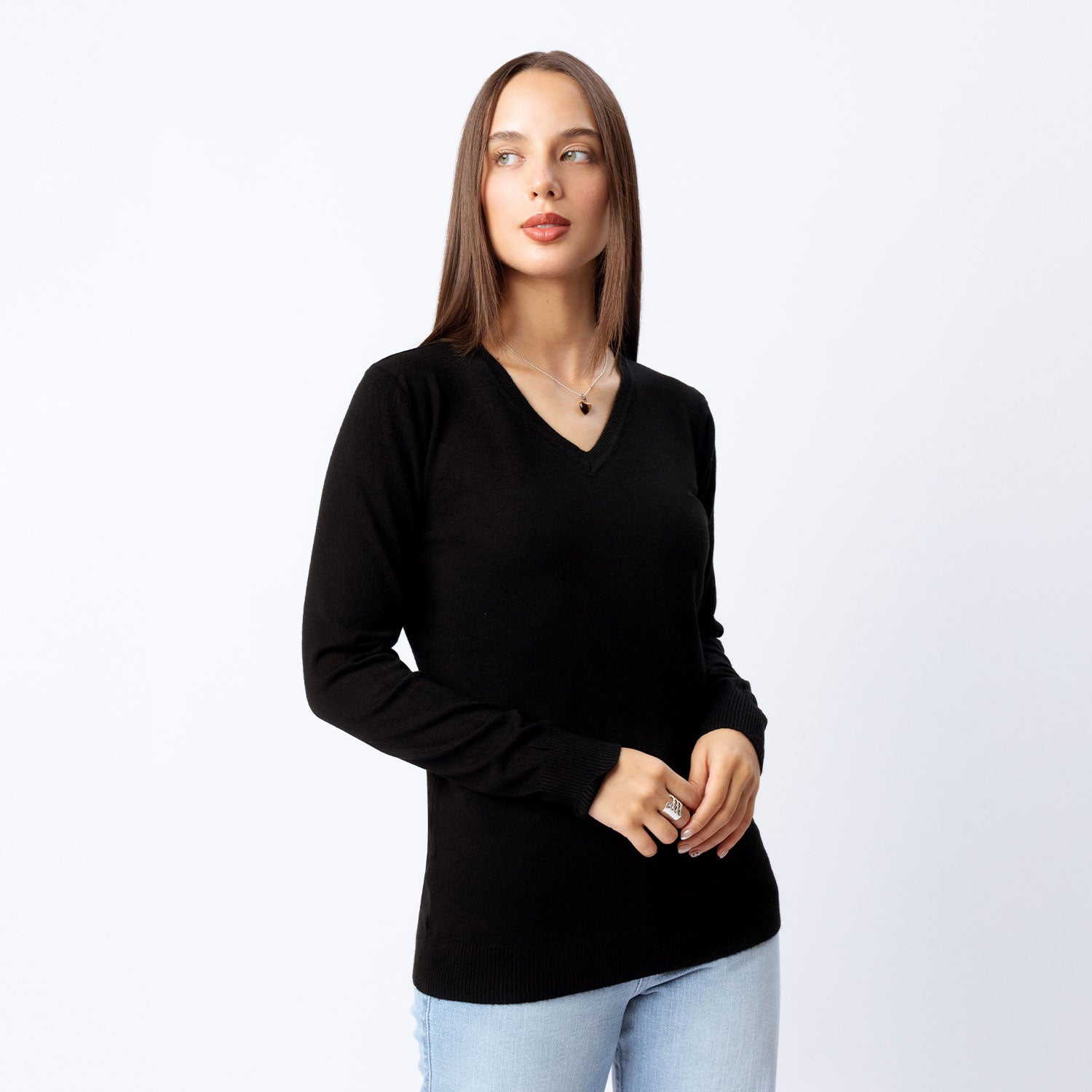 Chompa Beverly cuelloV mujer color negro#Color_Negro