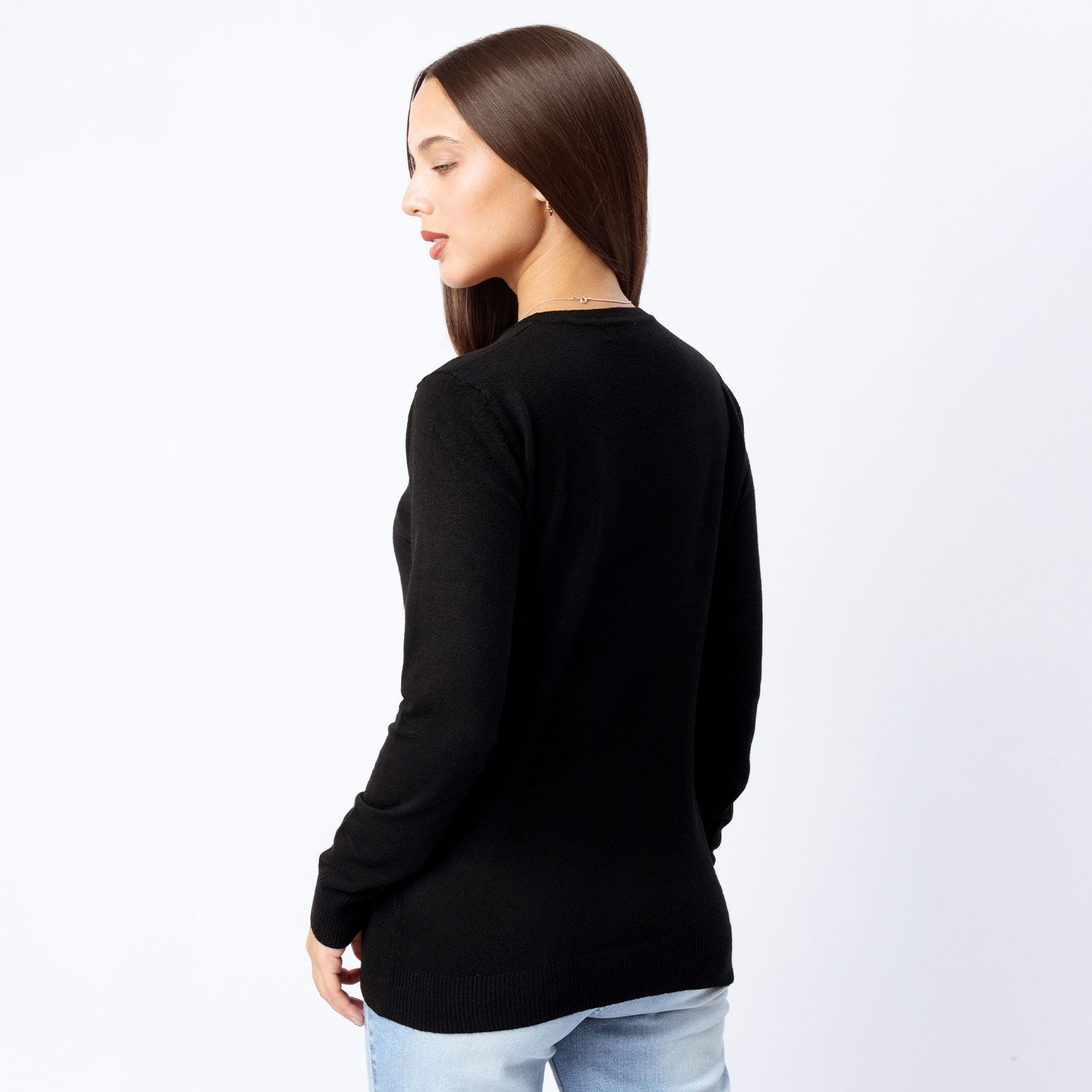Chompa Beverly cuelloV mujer color negro espalda#Color_Negro