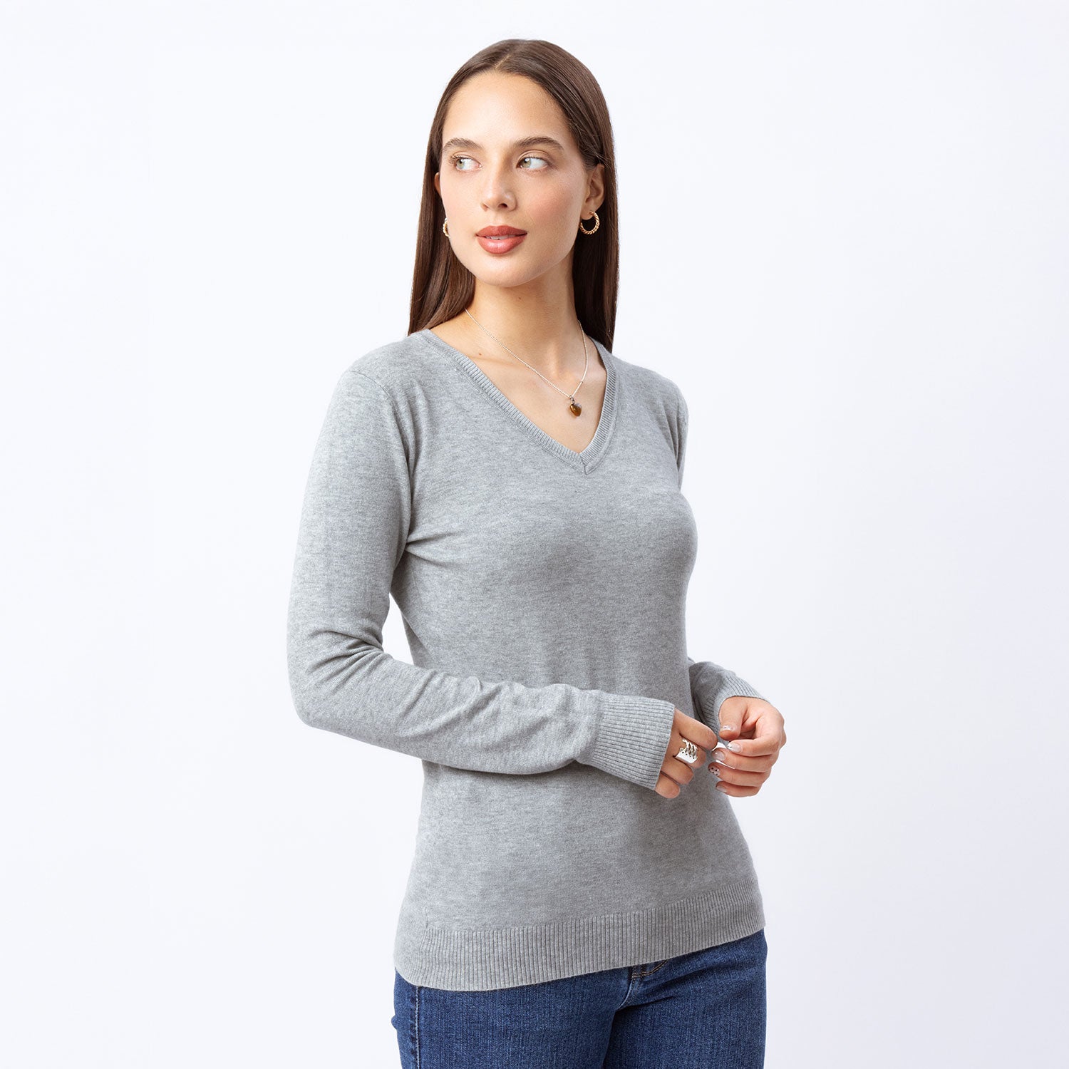 Chompa mujer manga larga cuello V Beverly plomo#Color_Melange